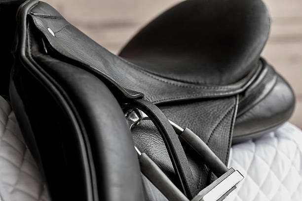 Used Dressage Riding Saddle and Stirrup Used black dressage horse riding saddle with  white saddle pad and shallow depth of field saddle photos stock pictures, royalty-free photos & images