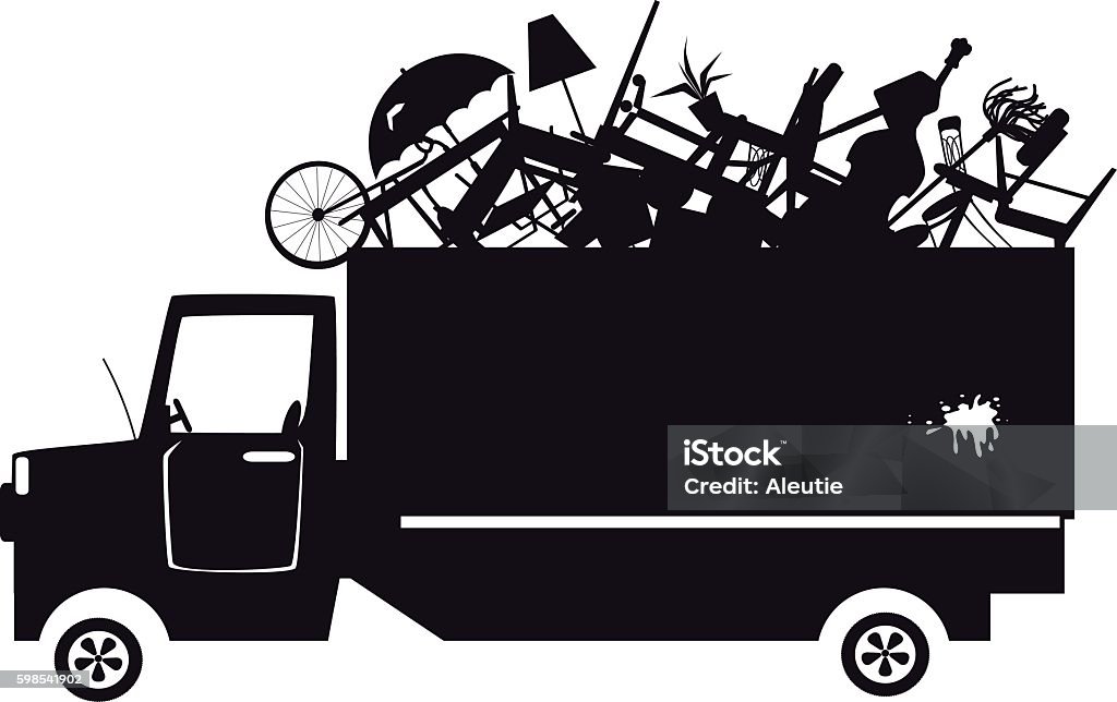 Trash collection clip-art Black vector silhouette of a waste collection truck filled with garbage, EPS 8, no white objects Garbage stock vector