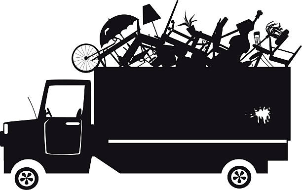Trash collection clip-art Black vector silhouette of a waste collection truck filled with garbage, EPS 8, no white objects obsolete stock illustrations