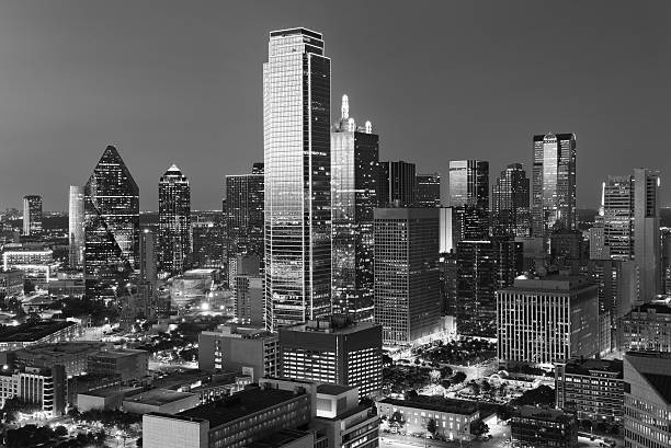 Dallas downtown view shot from reunion tower Dallas City Skyline at dusk, sunset. Dallas Texas downtown, business center. Commercial zone in big city. Dallas City view from Reunion Tower. Black and white tone. reunion tower photos stock pictures, royalty-free photos & images