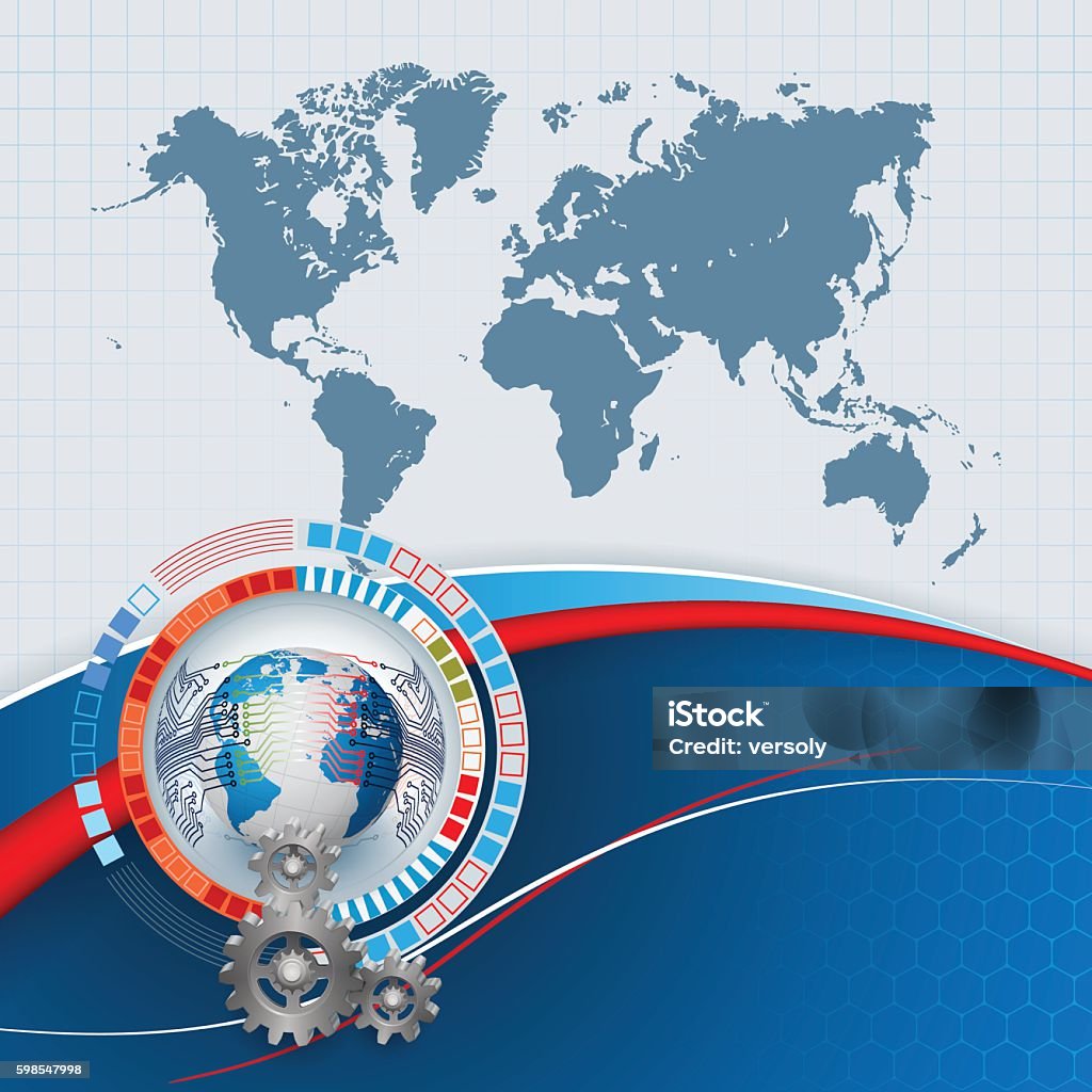 World as a mechanism Abstract, technology concept idea, background with 3d gears and Earth globe surrounded by electronic circuits and world map; Abstract stock vector