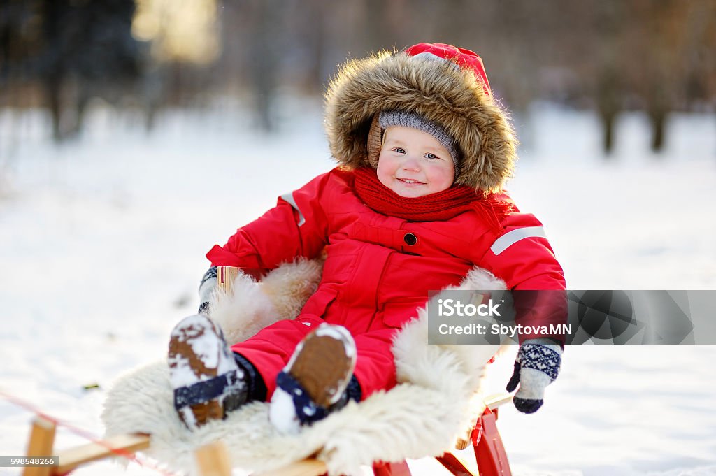 Winter portrait of toddler Winter portrait of beautiful toddler boy Sled Stock Photo