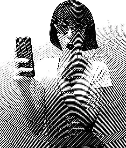 Vector illustration of Woman Texting on Smart Phone with Surprised Expression