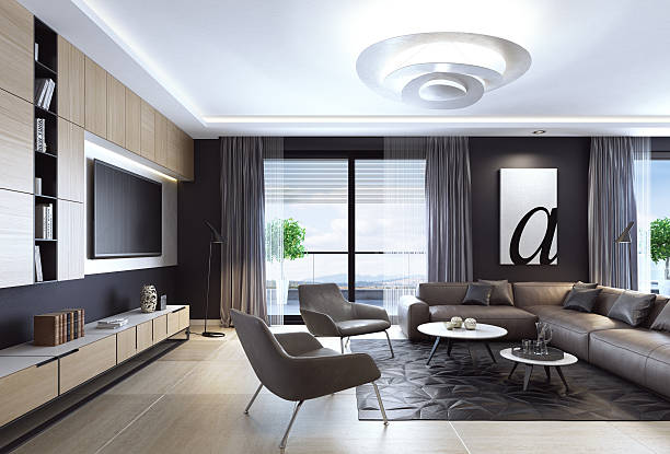 Black luxury living room interior with leather sofa and TV