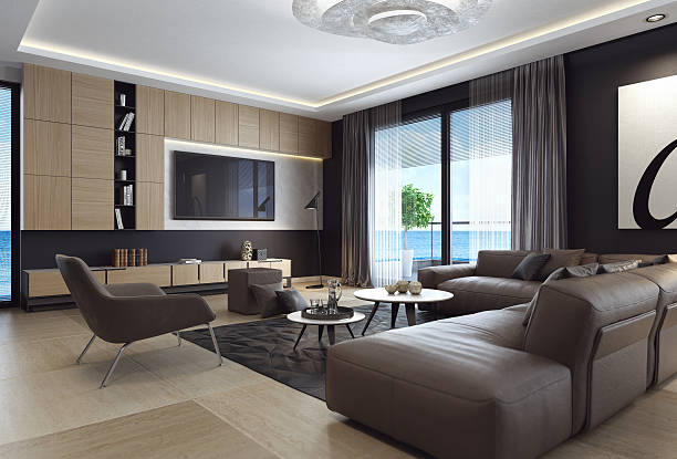 interior de la sala de estar de estilo negro con sofá de cuero y tv - macro chair domestic room contemporary fotografías e imágenes de stock
