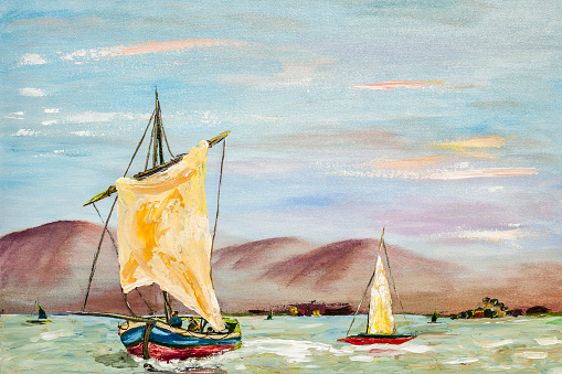 Acrylic oil painting of sailboats on an ocean done in the impressionism style.  The coastline seen is distance.  No people.  
