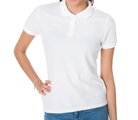 Midsection of young woman wearing blank tshirt on white background