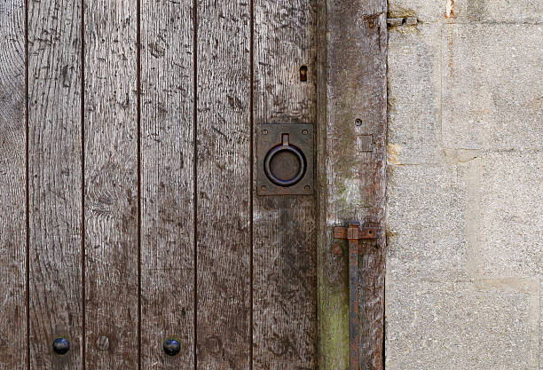 istock Old rusty metal ring handle on a aged timber door 598562362