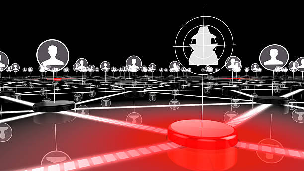 Social network under attack by hacker Dark network with glowing red node targeting a hacker information security 3D illustration threats stock pictures, royalty-free photos & images