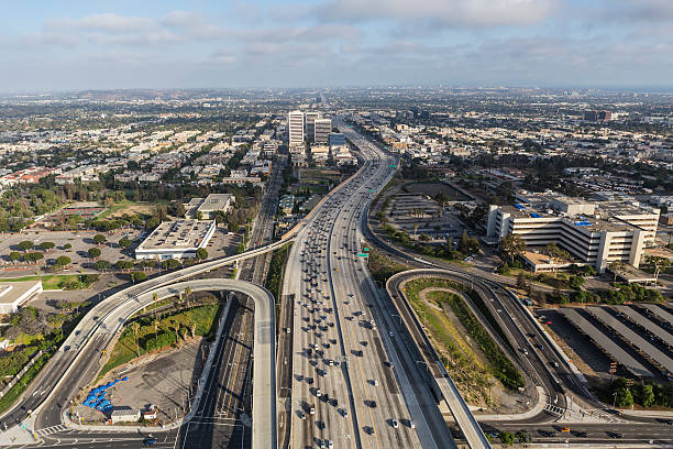 Aerial of the San Diego 405 Freeway in Los Angeles Aerial view of the San Diego 405 Freeway at Wilshire Blvd in West LA. highway 405 photos stock pictures, royalty-free photos & images