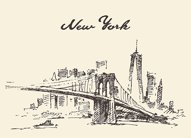 ilustraciones, imágenes clip art, dibujos animados e iconos de stock de puente de manhattan nueva york los e.e.u.u. vector dibujado. - new york city