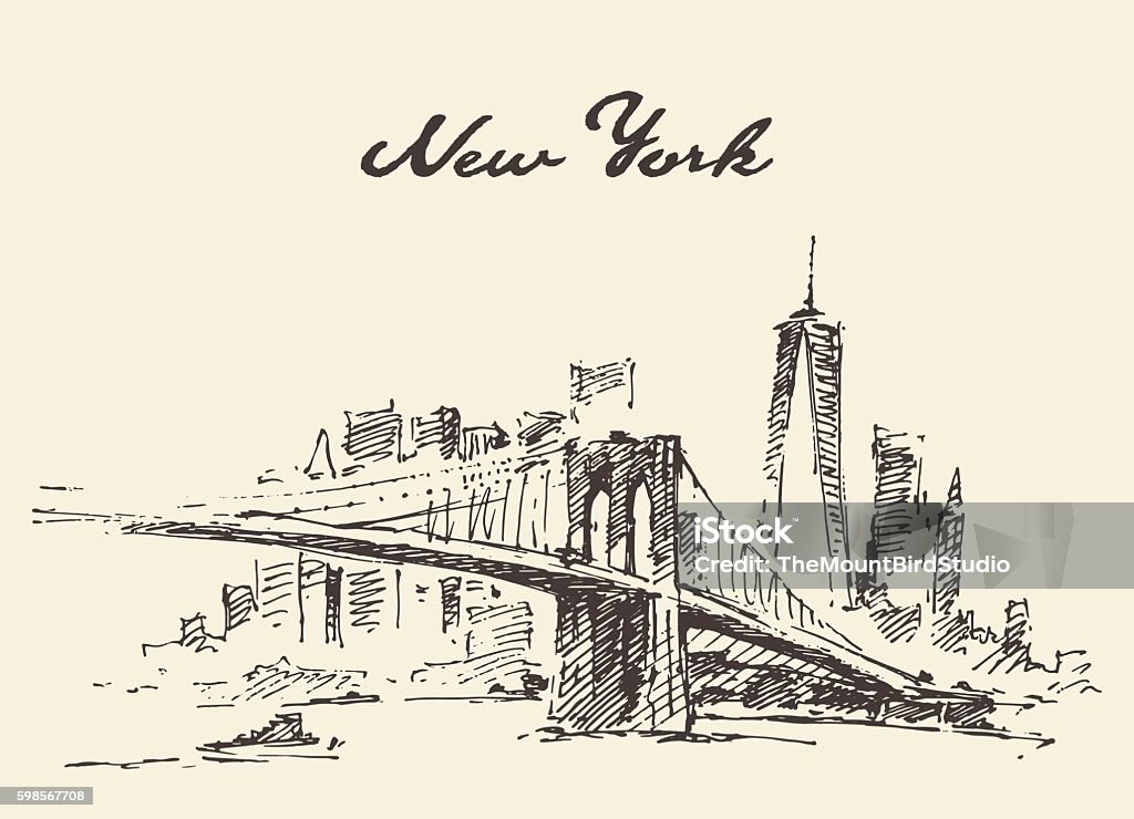 Manhattan bridge New York US Vector drawn. Manhattan bridge. New York United States. Vector illustration hand drawn sketch New York City stock vector