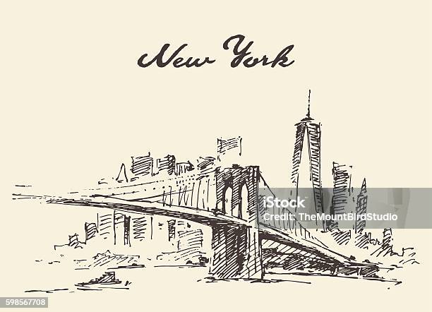 Manhattan Bridge New York Us Vector Drawn Stock Illustration - Download Image Now - New York City, Urban Skyline, Drawing - Activity