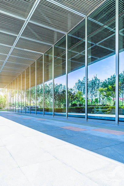 istock trees and blue sky reflected on clean glass wall 598567734