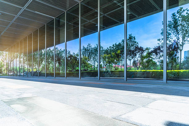 istock trees and blue sky reflected on clean glass wall 598567822