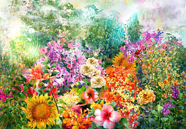 Abstract flowers watercolor painting. Spring multicolored flowers