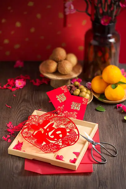 Photo of Chinese new year decoration table top shot.
