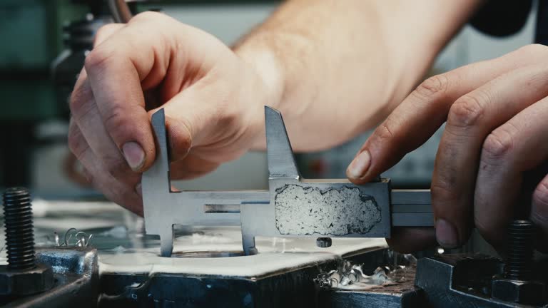 Man in factory measure  hole in steel with vernier caliper.