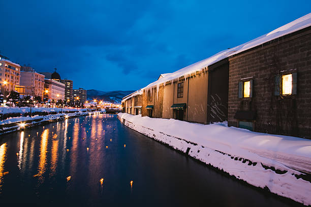 istock Night view and Light on Otaru canal. 598668930