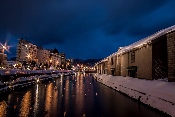 istock Night view and Light on Otaru canal. 598669538