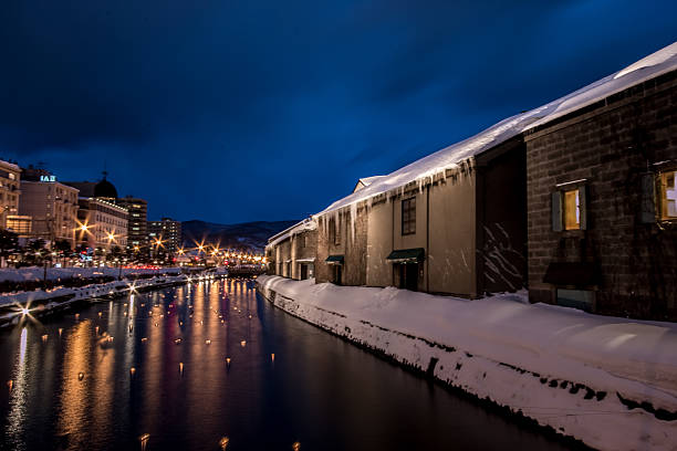 istock Night view and Light on Otaru canal. 598669738