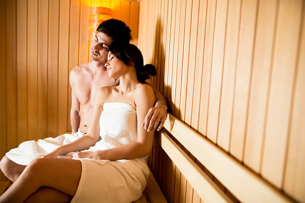 istock Young couple in the sauna 598670750