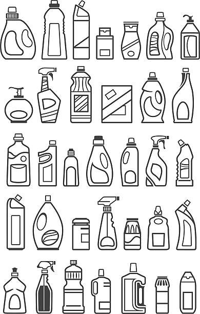 illustrazioni stock, clip art, cartoni animati e icone di tendenza di icone di sostanze chimiche di uso domestico - detersivo per i piatti