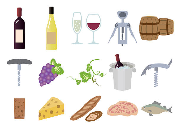 ilustraciones, imágenes clip art, dibujos animados e iconos de stock de conjunto de ilustraciones de vino - cheese wine white background grape