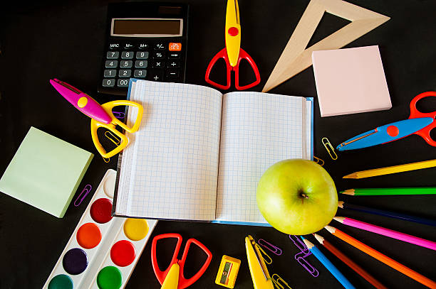 istock school supplies and a large green apple on  notepad in 598675042