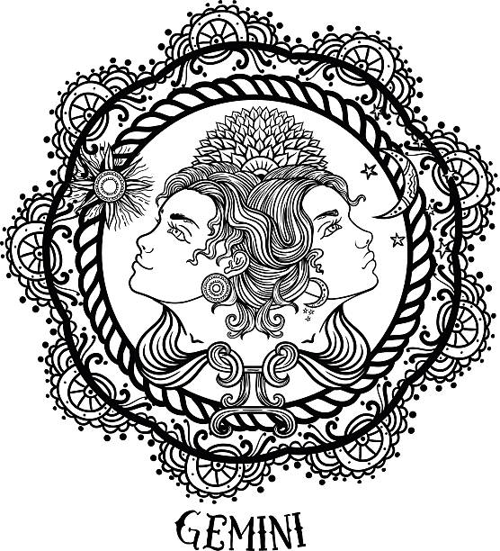 Hand drawn line art of zodiac gemini. Vector Hand drawn romantic beautiful line art of zodiac gemini. Vector illustration isolated. Ethnic design, mystic horoscope symbol for your use. Ideal for tattoo art, coloring books.  cosmos of the stars of the constellation capricorn and gems stock illustrations