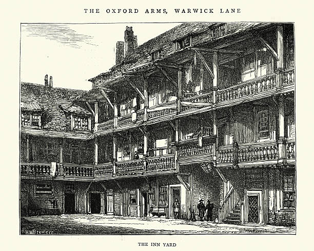 Old London Oxford Arms Inn, Warwick Lane, 1875 Vintage engraving of a scene from victorian London, Oxford Arms coaching Inn, Warwick Lane. The Inn Yard. The Graphic, 1875 paved yard stock illustrations