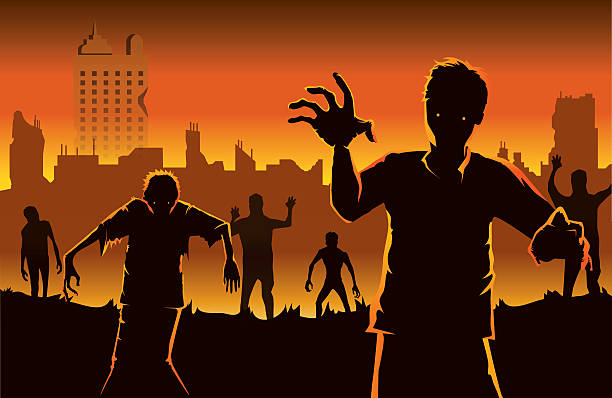 ilustraciones, imágenes clip art, dibujos animados e iconos de stock de zombie caminando fuera de la ciudad abandonada. - zombie halloween cemetery human hand