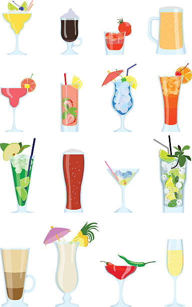 ilustraciones, imágenes clip art, dibujos animados e iconos de stock de recogida de bebidas alcohólicas y no alcohólicas y cócteles. vector. - drink umbrella cocktail glass isolated