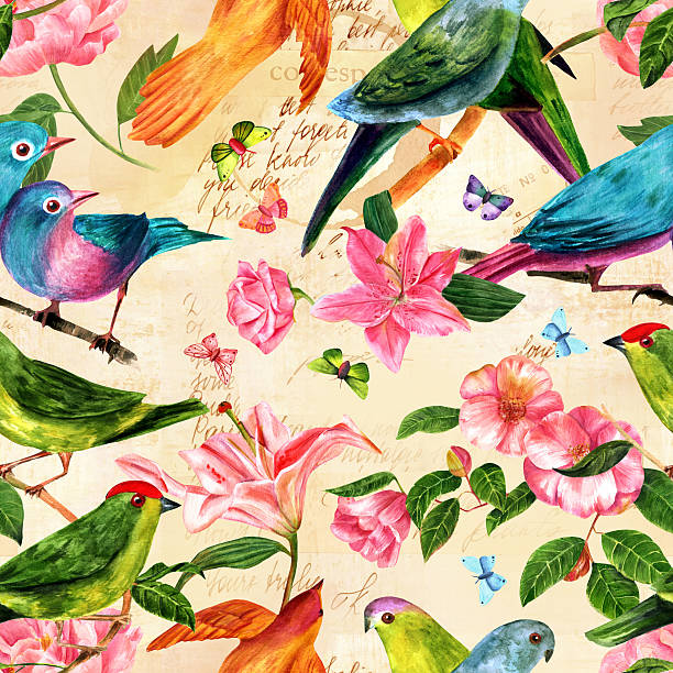 istock Seamless pattern with birds, flowers and butterflies on old paper 598687804