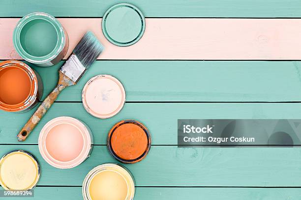 Background Of Floor Boards Paint Cans And Brush Stock Photo - Download Image Now - DIY, Paint, Painting - Activity