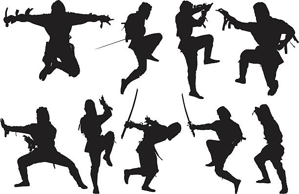 ilustrações de stock, clip art, desenhos animados e ícones de ninja com espada em acção - ninja