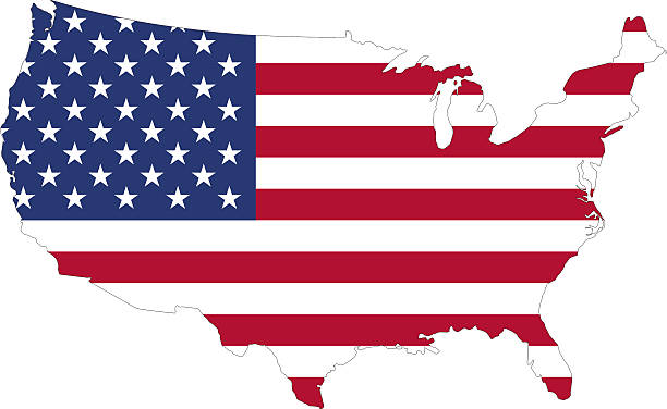 ilustraciones, imágenes clip art, dibujos animados e iconos de stock de silueta de una bandera estadounidense en el mapa - mapa de los estados unidos y la bandera estadounidense