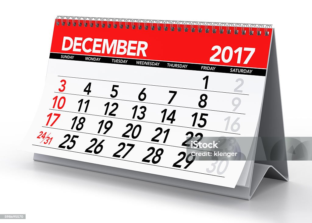 December 2017 Calendar December 2017 Calendar. Isolated on White Background. 3D Illustration 2017 Stock Photo