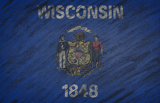 Close-up of national Wisconsin state flag painted with colored chalk on a blackboard. 3D rendering