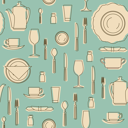 Seamless pattern with kitchen equipments. Set of hand drawn cookware. Kitchen equipments. Silhouettes of kitchen utensils. Vintage style.  Seamless pattern be used for textile, book, cover, packaging, website, background, labels. Vector illustration.
