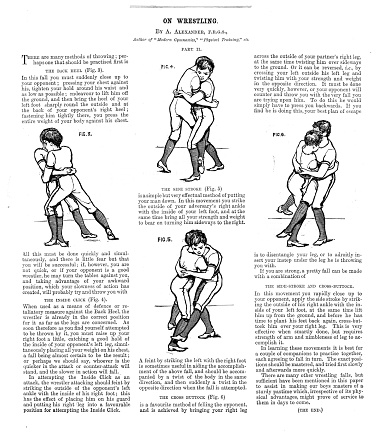 Taken from an issue of The Boys Own Paper of 1892 an article that artistically and literally demonstrates the moves in wrestling aimed at young men or boys. Illustrations of two boys sit in amongst the text. Written by Alec Alexander F.R.G.S., 19th century author of many books on physical education.
