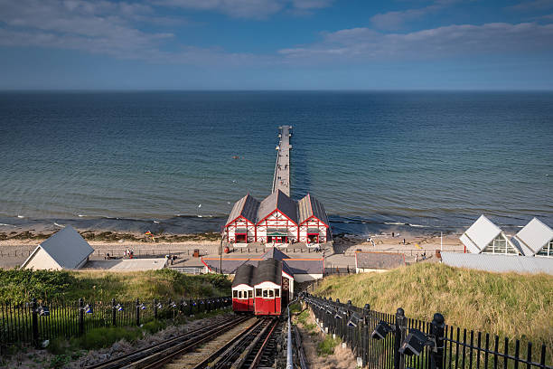 Saltburn Funicular and Pier Saltburn by the Sea is a Victorian seaside resort, with a pier and cliff lifts or funicular cleveland england stock pictures, royalty-free photos & images