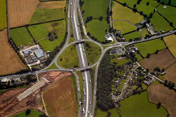 Aerial view of Junction 19 on the M6 (Knutsford) shortly after takeoff from Manchester Airport.