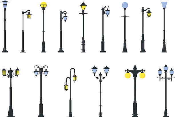 Set of different types of street lamps. Vector illustration. Set of different types of street lamps isolated on white background in flat style. Detailed illustration colored street lamps isolated in flat style on white background. Vector illustration street light road sign old fashioned lantern stock illustrations