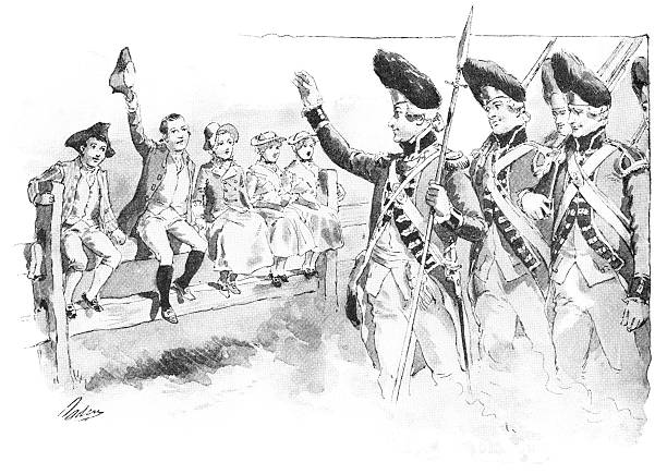 British redcoats waving to American Loyalist children A troop of British ‘Redcoat’ soldiers waving to a row of American children sitting on a fence. The children are Loyalists during the American Revolutionary period. From “A Loyal Little Red-Coat: A Story of Child-life in New York a Hundred Years Ago”, by Ruth Ogden with illustrations by H A Ogden. Published by Frederick A Stokes Company in New York in 1890. person sitting on fence stock illustrations