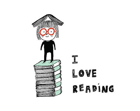 .I love reading,a girl on top of a pile of books.Hand drawn vector illustration