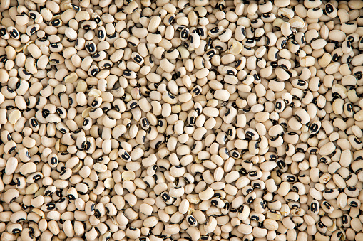 Background texture of dried black-eyed peas or beans, Vigna unguiculata, or cowpea, with a spoonful in a wooden spoon, grown as a staple nutritional crop, as animal fodder and to enrich soil