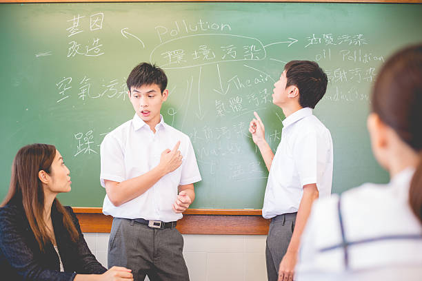 Chinese Students Talking about Pollution, Hong Kong, Asia stock photo