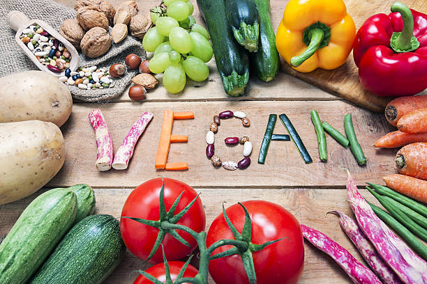 istock vegan word on wood background and vegetable 598708018