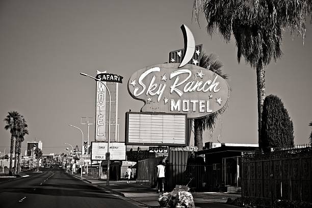 Fremont Street Motels Las Vegas, Nevada, USA - June 28, 2013: Motel signs lining Fremont street act as a reminder of the early days of the Vegas scene.  downtown las vegas motel sign sign commercial sign stock pictures, royalty-free photos & images